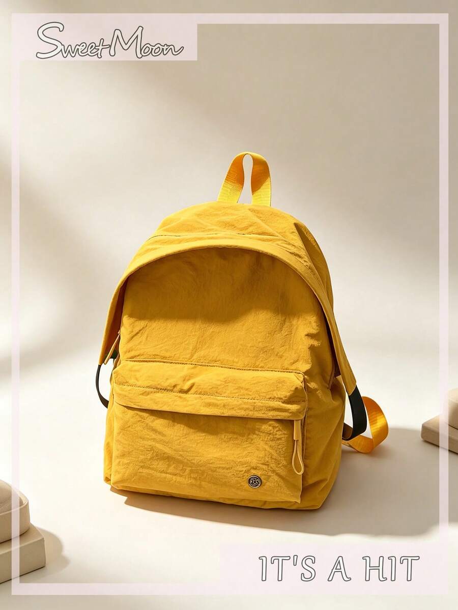 1pc Yellow Nylon Casual Minimalist Style Sports Outdoor Multi-Pocket Comfortable Shoulder Strap Zipper Closure Large Capacity Foldable Water-Resistant Backpack (No Pendant) Suitable For Spring/Summer Hot-Selling Model, Suitable For Students, Can Be Used For Campus, Commuting, Outdoor Travel, Also As A Holiday Gift, Can Hold Books, Pencil Case, Makeup Bag, Makeup Box, Etc., Suitable For Home, Gift, Vacation