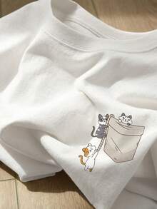 Cute And Fun T-Shirt With Cat Print, Short Sleeves And Round Neck. - 杏色 - 查看 8