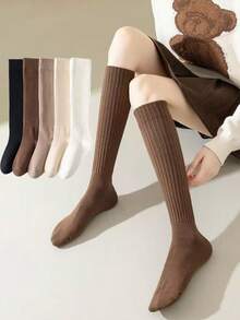 1 Pair Women's Autumn/Winter Solid Color Compression Fashion Slimming Calf Socks, Maillard Color Palette, Japanese JK Sweet Style, High Tube Warm Long Socks - Multicolor - View 2