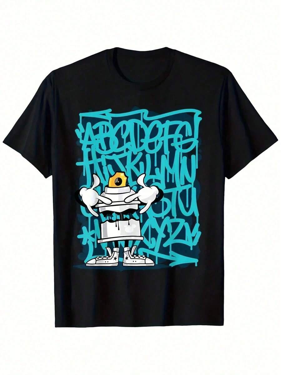 2026Camiseta de Hombre con Estampado de Grafiti Negro, Manga Corta y Corte Holgado, Diseño Urbano para Ropa Casual, Lavable a Máquina, Apto para Todas - Negro - Ver 1
