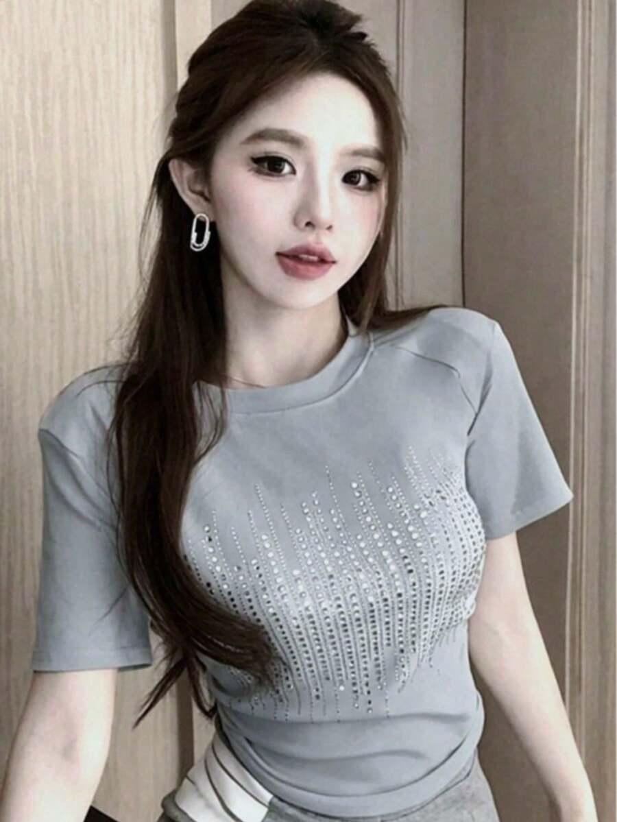 女款夏季水鑽印花圓領短袖休閒T恤 - 灰色 - 查看 1