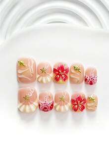 10pcs Island Vacation Style Handmade Press-On Nails, Poly Gel Nail Art Set, Flower, Starfish, Shell Design, Yellow & Red Color Scheme, Fresh Style, Includes Nail Tools, 3 Sizes Available, Square, Short Square, Almond Shape, Suitable For Party, Dancing, Daily Wear - Multicolor - View 16
