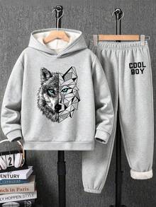 Varm hoodie- och byxset med cartoon-tryck för tween-pojkar - Grå - Visa 1