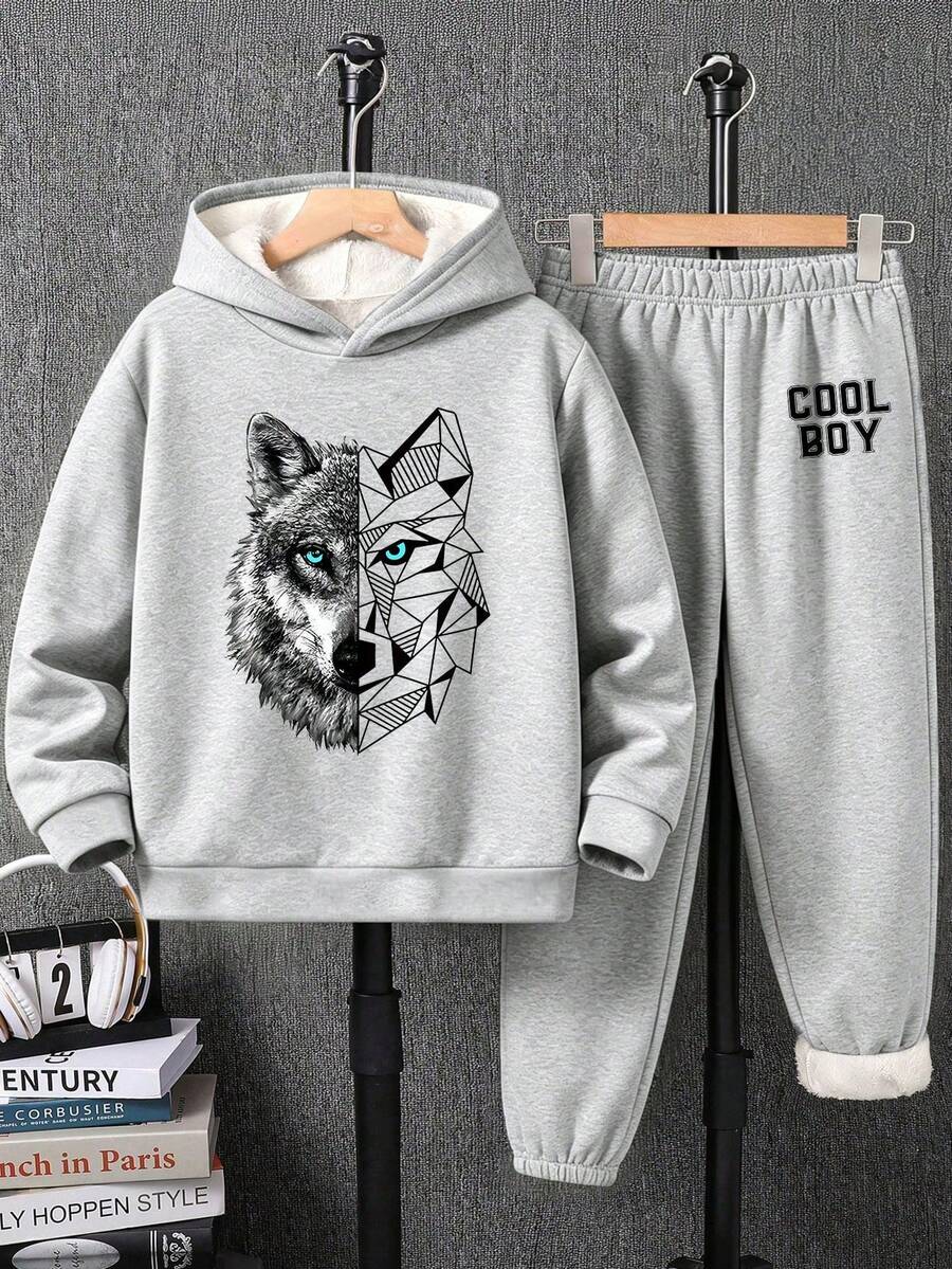 Varm hoodie- och byxset med cartoon-tryck för tween-pojkar - Grå - Visa 1