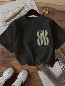 1 Piece Women's Double-Sided T-Shirt With Minimalist Print, "Good" Lettering, Round Neck, Short Sleeves, Lightweight And Soft Fabric, Comfortable For Everyday Life And Summer - Black - View 2