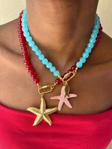 Summer New Beach Vacation Style Necklace, Colorful Oil-Drip Stainless Steel Starfish Pendant Necklace - Beaded Necklace - View 3