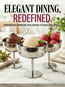 3 Styles Silver Stainless Steel Round High-Foot Dessert Cups, Large/Medium/Small Sizes, Multiple Specifications Available, Suitable For Summer Ice Cream, Desserts, Daily Home Use And Party Events Tableware Matching - Multicolor - View 3