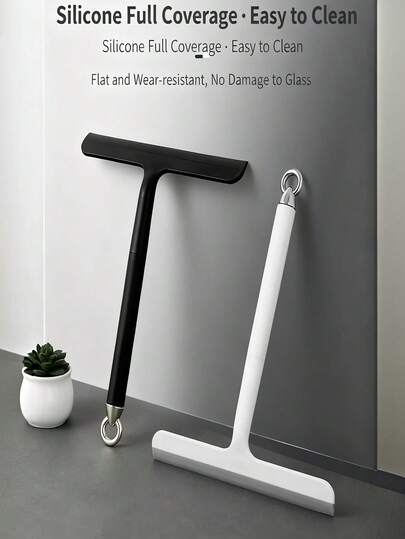 1pc Glass Surface Cleaner, Powerful Scraper With Durable Plastic And Silicone Structure, Ergonomic Handle For Easy Cleaning, With Hook For Hanging Storage And Space Saving, Suitable For Bathroom, Shower, Kitchen, Mirror, Tile, Countertop, Floor Cleaning, For Home, Office, Rental Apartment, School Cleaning Tool