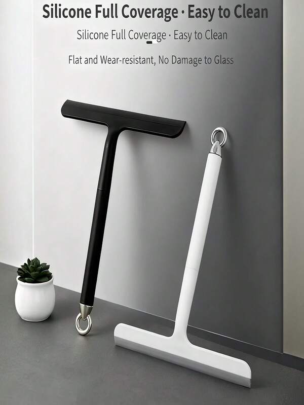 1pc Glass Surface Cleaner, Powerful Scraper With Durable Plastic And Silicone Structure, Ergonomic Handle For Easy Cleaning, With Hook For Hanging Storage And Space Saving, Suitable For Bathroom, Shower, Kitchen, Mirror, Tile, Countertop, Floor Cleaning, For Home, Office, Rental Apartment, School Cleaning Tool