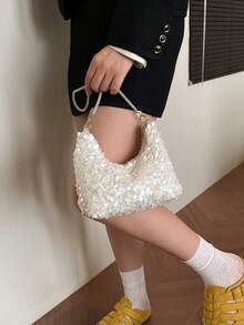 1件裝米色亮片閃亮迷你手提包，極簡晚宴風女款托特包，適合約會、舞會、派對與宴會 - 米色 - 查看 4