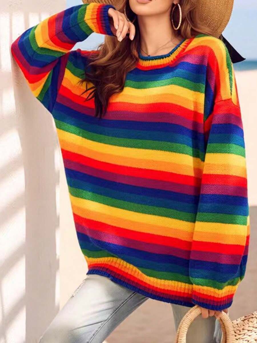 Women's Plus Size Rainbow Stripe Knit Sweater - Round Neck Long Sleeve Loose Fit Pullover For Fall Winter Casual Chic Streetwear