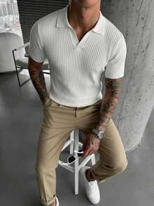 Men's Vertical Ribbed Texture V-Neck Knit Polo Shirt, Summer Slim Fit Flattering Mature Style Premium Breathable Versatile Short Sleeve Knit Top - White - View 1