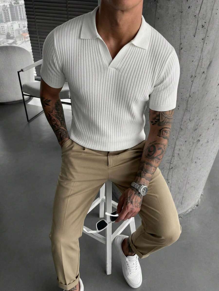 Men's Vertical Ribbed Texture V-Neck Knit Polo Shirt, Summer Slim Fit Flattering Mature Style Premium Breathable Versatile Short Sleeve Knit Top - White - View 1