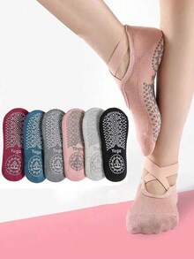 1/6 Pasang Kaos Kaki Yoga Warna Polos Acak untuk Wanita, Cocok untuk Pilates, Aerobik, Pakaian Rumahan, Kaos Kaki Hadiah - MultiWarna - View 1