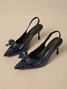 JABOOLINX Spring/Summer Women's Pointed Toe High Heel Sandals With Single Strap Buckle And Bow, Suede Closed-Toe Shoes, Commuter Versatile - Navy Blue - View 7