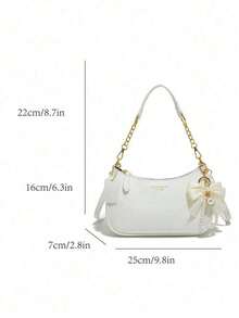 Women's Solid Color PU Material Shoulder Bag, Letter, Bow And Pearl Pendant - White - View 3