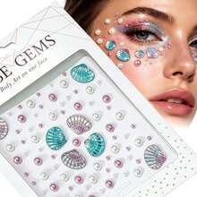 2pcs 3D Face Crystal Rhinestone Stickers, Blue Purple Mermaid Pearl Design, Perfect For Makeup And Body Decoration - 彩色 - 查看 1