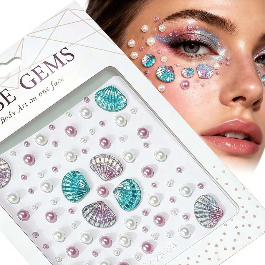 2pcs 3D Face Crystal Rhinestone Stickers, Blue Purple Mermaid Pearl Design, Perfect For Makeup And Body Decoration - 彩色 - 查看 1