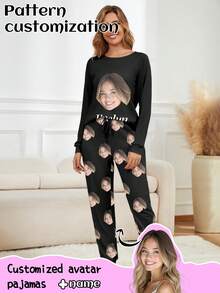 Women's Customized Pajama Set, Can Print Any Pattern, Personalized Pajamas With Photo, Fun Customized Image Comfortable Pajamas. Suitable For Valentine's Day, Birthday, Gift-Giving And Other Occasions, Personalized, Colorful, Cute And Playful, Humorous And Witty, Unique Customization, Exclusive, Ideal Girlfriend Gift, Suitable For Girlfriend, Family, Friends, Elders, Autumn Fashion, Holiday Party - Black - View 1