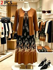 Plus Size Women's New Long Sleeve Tie Front Cardigan Jacket Paired With Printed Round Neck Sleeveless Dress 2 Pieces Set, Autumn/Winter Elegant Spring - Khaki - View 1