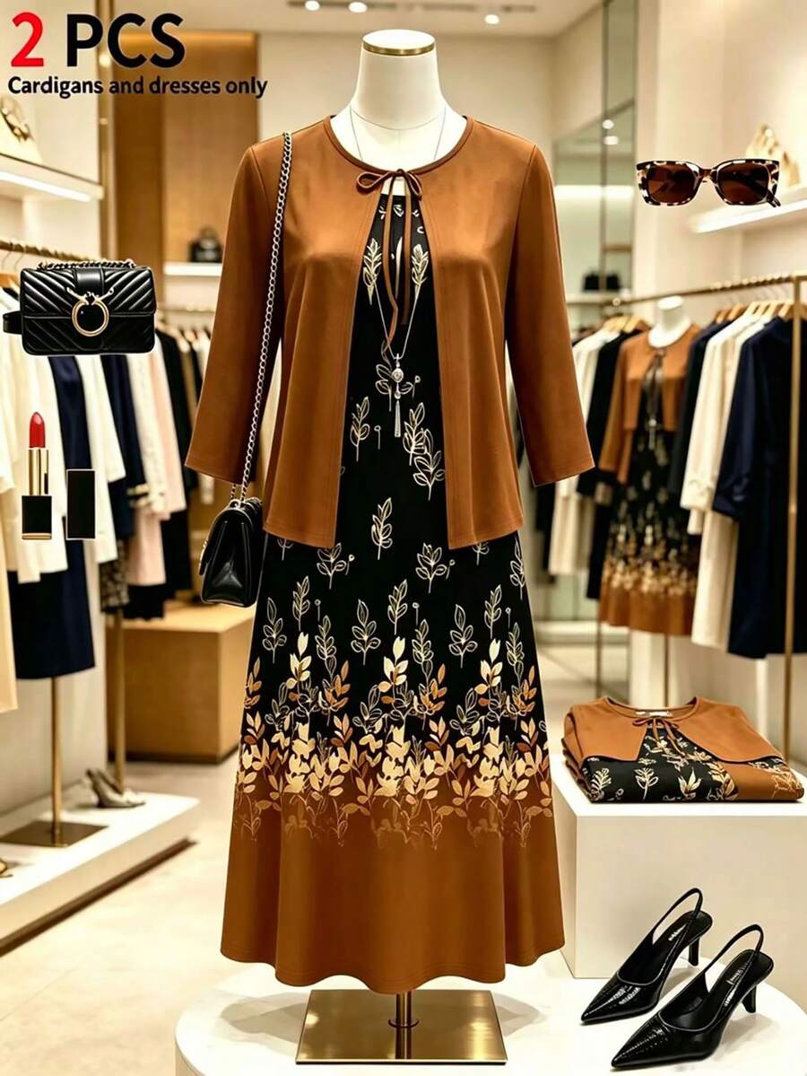 Plus Size Women's New Long Sleeve Tie Front Cardigan Jacket Paired With Printed Round Neck Sleeveless Dress 2 Pieces Set, Autumn/Winter Elegant Spring - Khaki - View 1