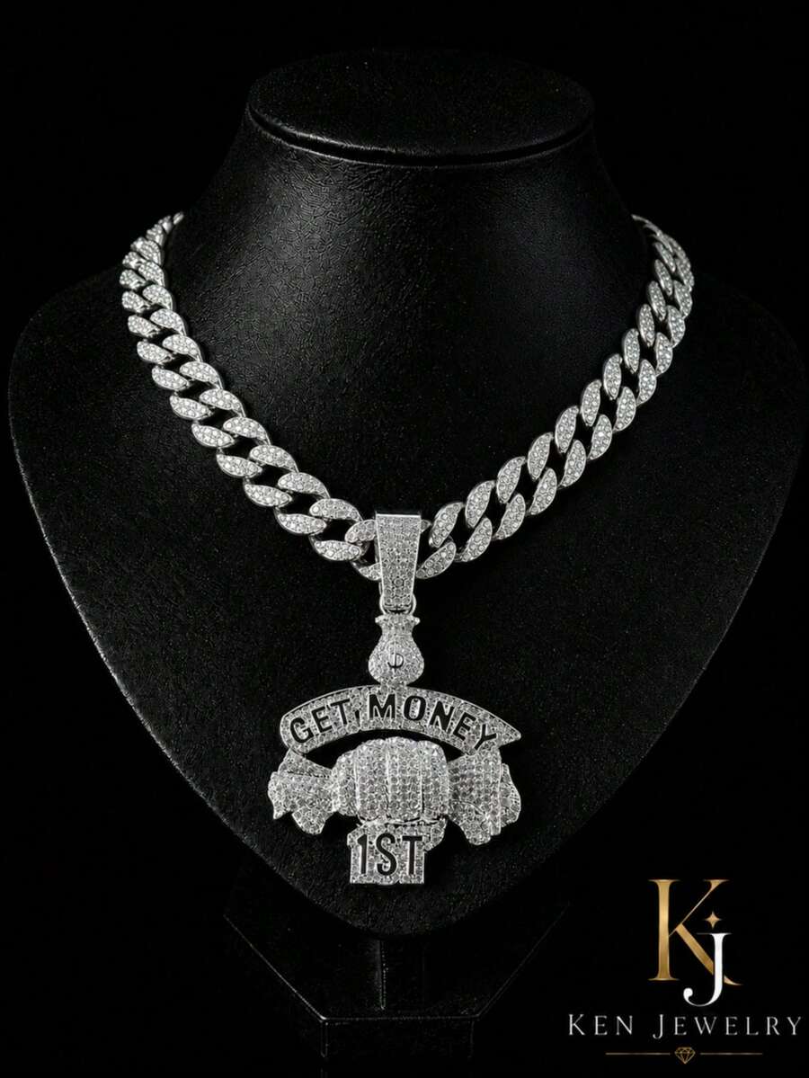 Iced Out GET MONEY 1ST Dollar Money Bag Pendant Cuban Chain Men Hip Hop Bling Rhinestone Rap Necklace Gold Silver Street Jewelry