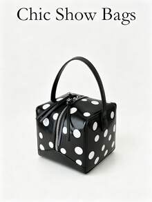 1 pieza Bolso de mano de PU para mujer, bolso cuadrado de moda con estampado de lunares, uso dual como bolso de hombro y bandolera, adecuado para ir al trabajo, compras y regalos - Negro - Ver 1