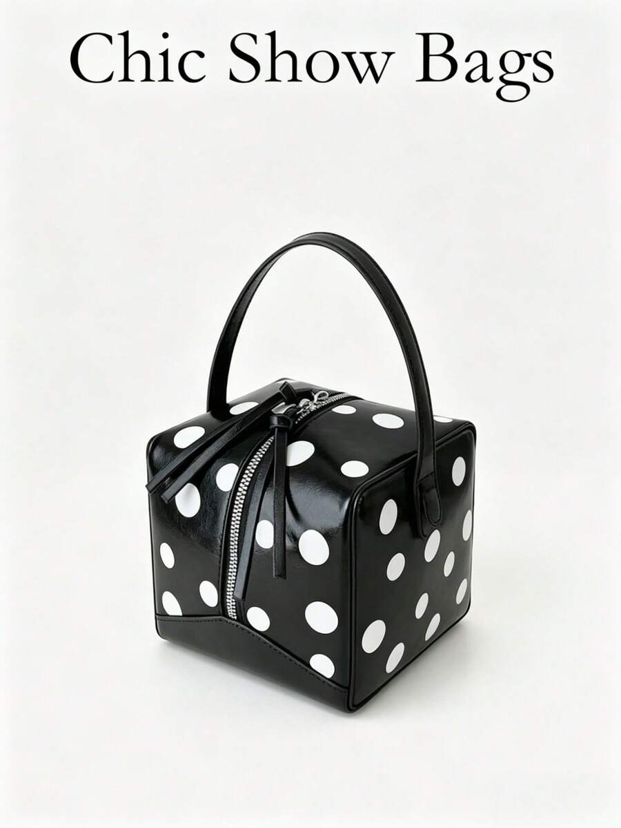 1 pieza Bolso de mano de PU para mujer, bolso cuadrado de moda con estampado de lunares, uso dual como bolso de hombro y bandolera, adecuado para ir al trabajo, compras y regalos - Negro - Ver 1