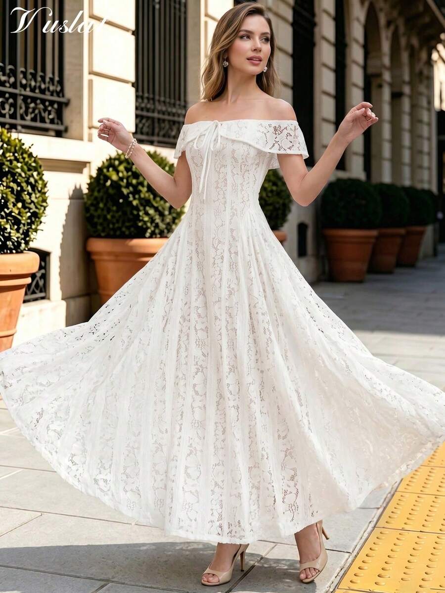 Vuslat 女款夏季優雅露肩白色蕾絲收腰派對洋裝,適合婚禮賓客、伴娘禮服、生日派對、度假穿搭,白色洋裝,婚禮、畢業典禮、度假穿搭,奢華晚禮服 - 白色 - 查看 1