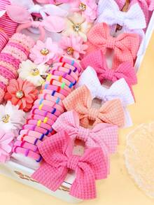 94pcs/Set Pink Sweet Floral Bow Hair Accessories Set, Includes Bows, Rhinestone Floral Hair Clips And Various Pink Toned Hair Ties, Colorful And Cute - Suitable For Girls And Women, Daily Styling, Campus Life, Vacation Dates, Graduation Party Outfits, Easily Master Versatile Cute Looks, Also A Top Gift Choice - Multicolor - View 4