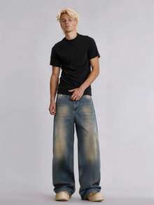 Minimalist Business For Every Season Men's Casual Classic Vintage Distressed Washed Denim Wide Leg Pants Versatile Fashion Social Office Loose Long Trousers - Dusty Blue - View 1
