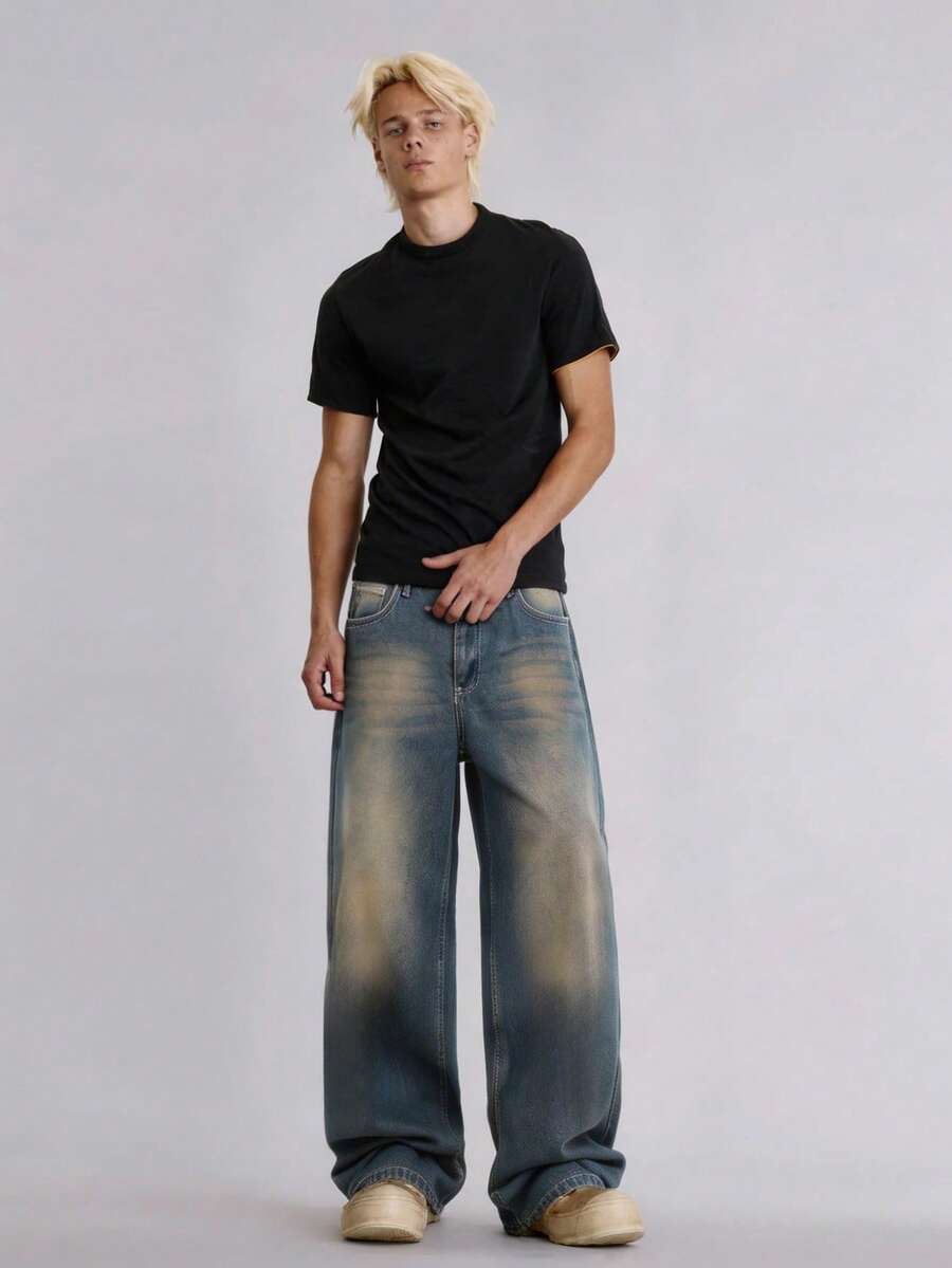 Minimalist Business For Every Season Men's Casual Classic Vintage Distressed Washed Denim Wide Leg Pants Versatile Fashion Social Office Loose Long Trousers - Dusty Blue - View 1