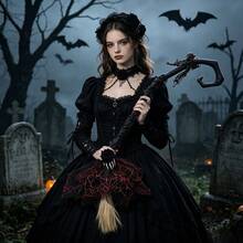 Halloween Witch Broom Gothic Roses Skeleton Hand Witch Broomstick Masquerade Party Favor Booth Accessories - Black - View 10