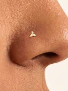 1pc 925 Sterling Silver Tiny Clover Zirconia Nose Stud, Flat Back Hypoallergenic Piercing Jewelry, Nose Ring Earring, Unisex For Daily Casual Wear - Gold - View 4