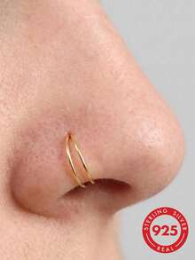 1pc 925 Sterling Silver Double Ring Nose Ring, Women & Girls Style, Small Open Hoop Piercing Cartilage Stud, Body Jewelry, Soft Consumable - Yellow Gold - View 1