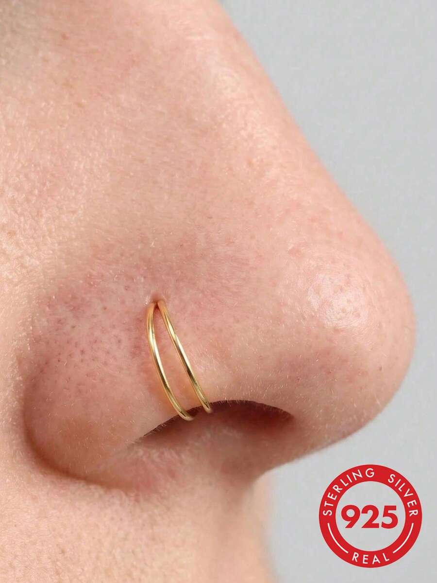 1pc 925 Sterling Silver Double Ring Nose Ring, Women & Girls Style, Small Open Hoop Piercing Cartilage Stud, Body Jewelry, Soft Consumable - Yellow Gold - View 1