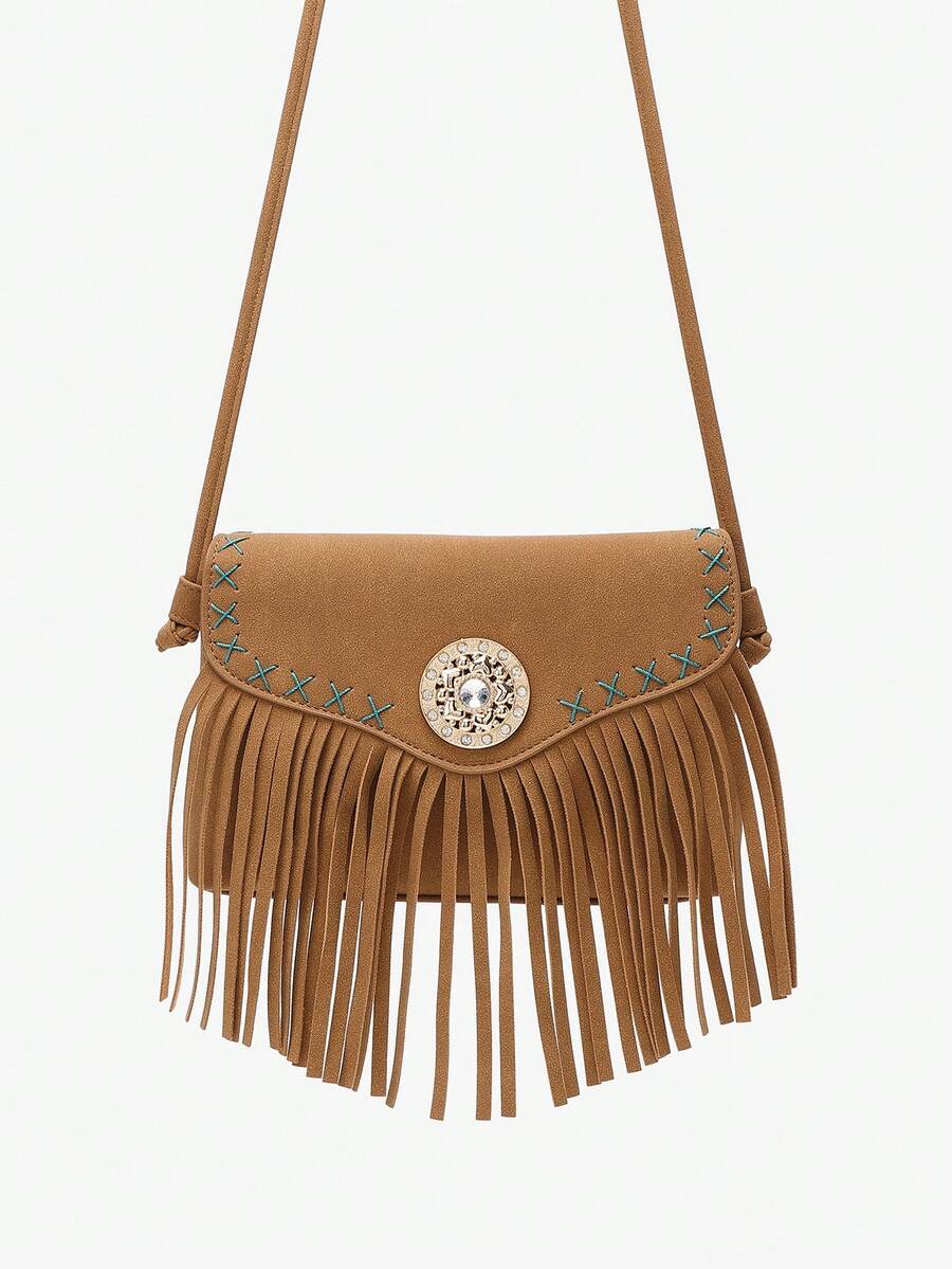 MIYIN Women's Fashion Envelope Style Bohemian Crossbody Bag, Faux Suede Flap With Rhinestone Decor And Tassel Small Handbag Shoulder Bag, Street Retro Personalized Tassel Multi-Layer Crossbody Bag, Suitable For Street, Party, Gathering, Western Style Occasions, Perfect For Rodeo Performance And Other Occasions.