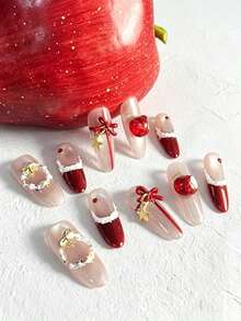 10 Pcs Handmade Press-On Nails Set – Elegant Red & Nude Nail Art | 3D Apple & Bow Detail | Reusable Medium Almond False Nails With Storage Box & Tools | Perfect For Party, Holiday & Daily Wear Gift Set - "Crimson Wish" - 查看 2