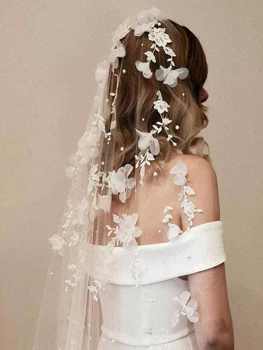 浪漫珍珠蕾絲花卉蕾絲新娘面紗 女款單層婚禮面紗配件 - 彩色 - 查看 1