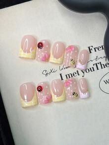 10pcs/Set Y2K Nails Handmade, Pink Nails, Stripe Nails, 3D Pink Flowers Nails & 3D Ladybug Nails, Perfect For Parties & Daily Wear. Short Square Nails. Handmade Press On Nails Square, Fake Nails, Acrylic Nails, Short Nails, Cute Nails, Summer Nails - Multicolor - View 1