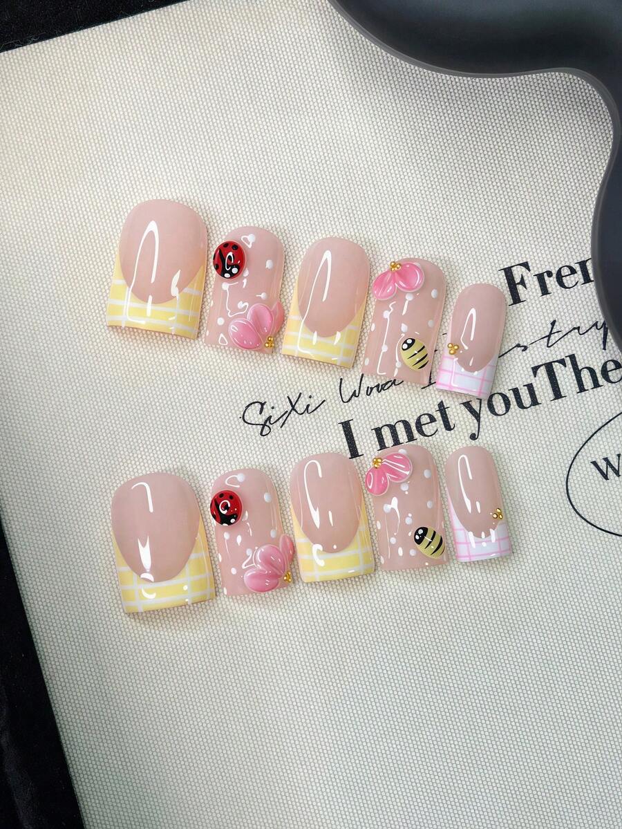 10pcs/Set Y2K Nails Handmade, Pink Nails, Stripe Nails, 3D Pink Flowers Nails & 3D Ladybug Nails, Perfect For Parties & Daily Wear. Short Square Nails. Handmade Press On Nails Square, Fake Nails, Acrylic Nails, Short Nails, Cute Nails, Summer Nails - Multicolor - View 1