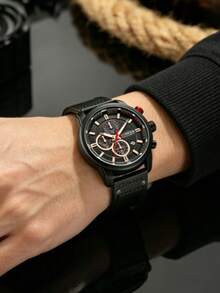 1pc Quartz Wristwatch With Leather Strap - Black - View 6