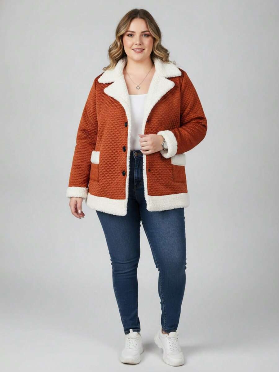 Vivi Women's Plus Size Coat With Button, Plush, Thick, Long Sleeve Winter - 亮橙色 - 查看 1