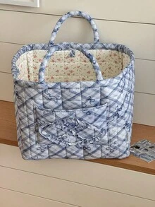 1Pc Bow Knot Quilted Storage Basket, Foldable Large Capacity Bag With Handle, Multifunctional Organizer For Cosmetics, Toys, Laundry & Home Decor - Multicolor - View 3