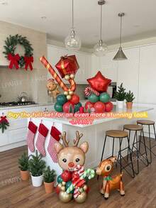 52pcs/22pcs/19pcs/10pcs/2pcs Christmas Theme Balloon Set, Red Nose Reindeer, 3D Standing Deer, Mini Gingerbread Man, 22 Inch Red & Gold Gift Box, Red Star/Round Balloons, Red & White / Red & Green Striped Candy Cane Balloons, New Year 2027 Table / Tabletop - View 3