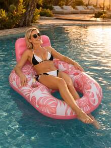 Inflatable Pool Lounger, Mesh Seat Water Float, Cooling Floating Bed For Swimming Pool, Tropical Leaf Design - Pink - View 4
