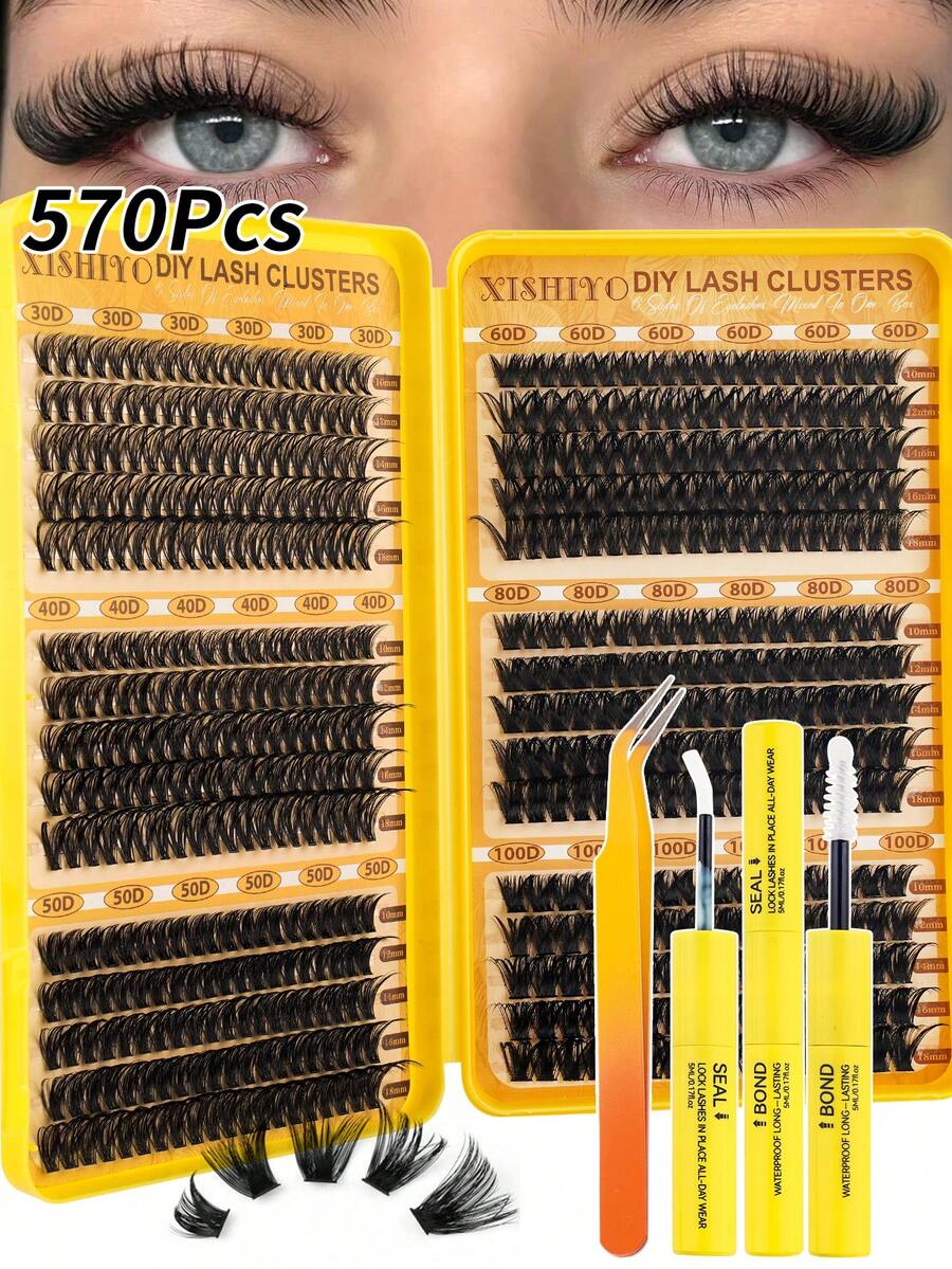 570片單簇接睫毛套組，包含30D+40D+50D+60D+80D+100D細簇睫毛，附睫毛膠、密封劑與鑷子，長度10-16mm，6款混裝