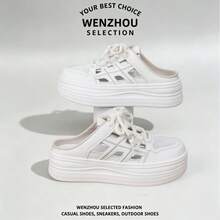 White Hollow Breathable Mesh Thick Sole No Heel Sneakers, Women's Lightweight Slip-On Lace-Up Casual Shoes, Suitable For Summer Daily Wear - White - View 9