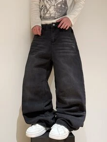 Justice Brother 1件裝 香港風通勤休閒男士牛仔褲，簡約經典百搭寬鬆寬腿牛仔長褲（不含腰帶/配件） - 黑色 - 查看 3