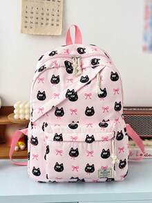 1 pieza Mochila de nailon de gran capacidad para estudiantes, mochila de gato con lazo para estudiantes universitarios, mochila de nailon, mochila de viaje - Rosa - Ver 7